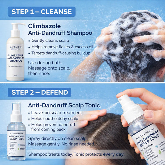 Althea Essential Climbazole Anti-Dandruff Shampoo + Scalp Tonic Set | 2-Step Scalp Defense System | Controls Flakes & Itchy Scalp | Sulfate Free